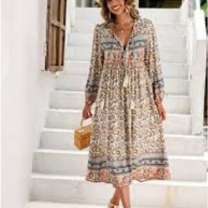 R Vivimos Boho-Print V-Neck Midi Dress in Beige Floral